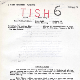 A long, yellowing peice of paper with the title "TISH" printed at the top.